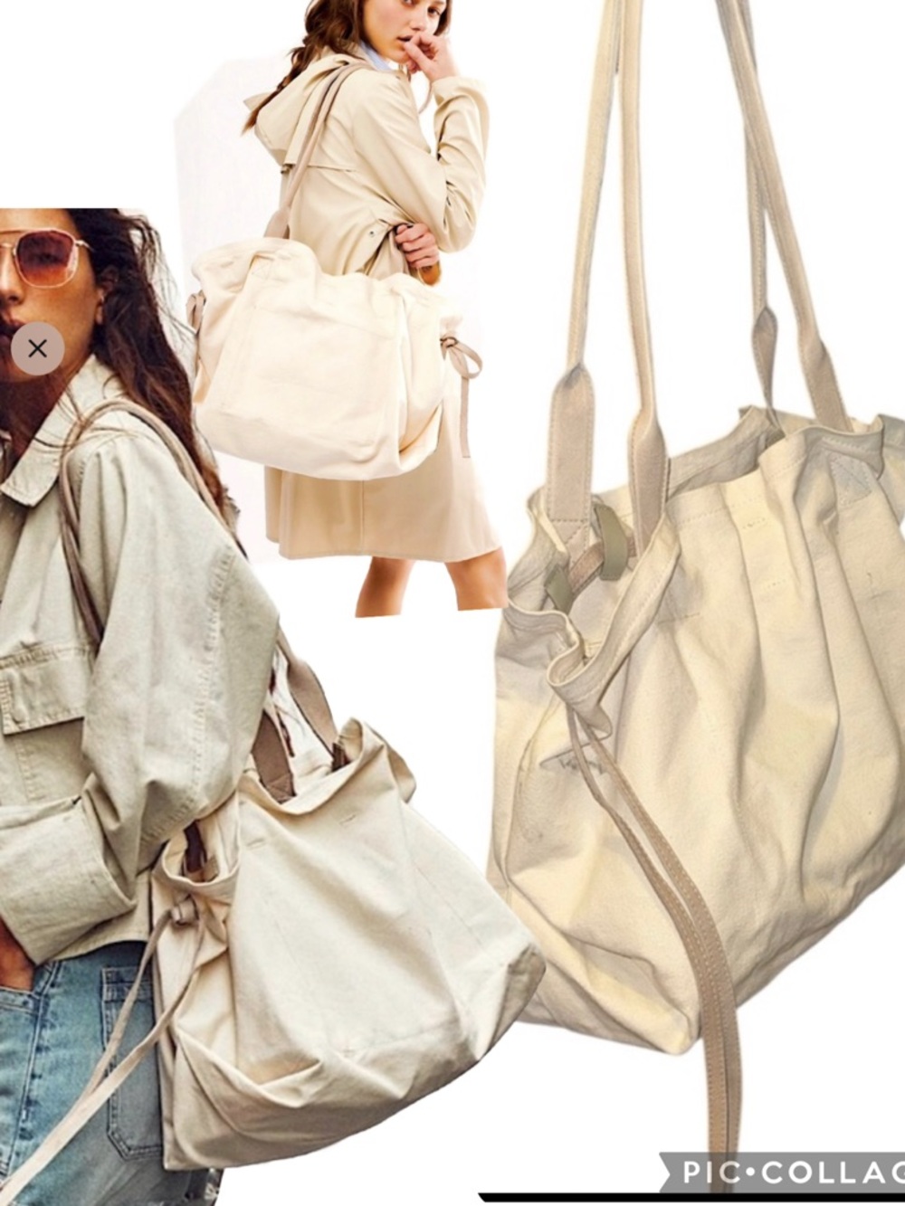 FREE PEOPLE DayBreak Slouch Elegant Beige CANVAS Tote Bag